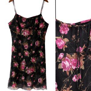 Vintage 2000s Y2K Black Floral Chiffon Babydoll Slip Dress Milkmaid Size XL